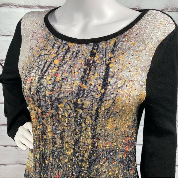 Fleur de Lis Sweater Top Size M Fall Colors Abstract Rainy Day Trees Tunic Lace - Picture 3 of 11